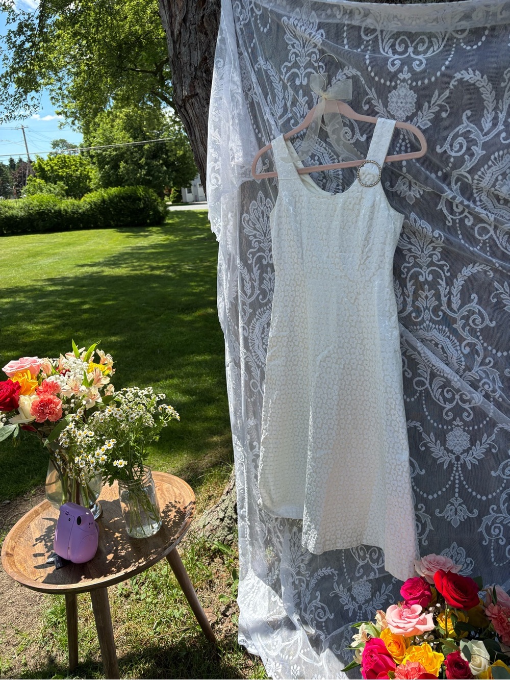 Elegant White Textured Sundress with Buckle Strap